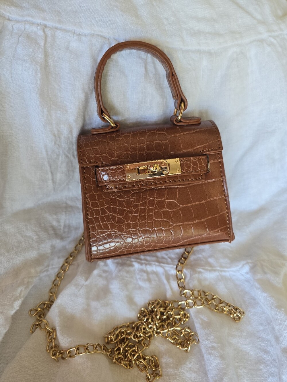 Like Dreams Brown Croc-Embossed Top-Handle Tiny Bag with Gold Hardware
